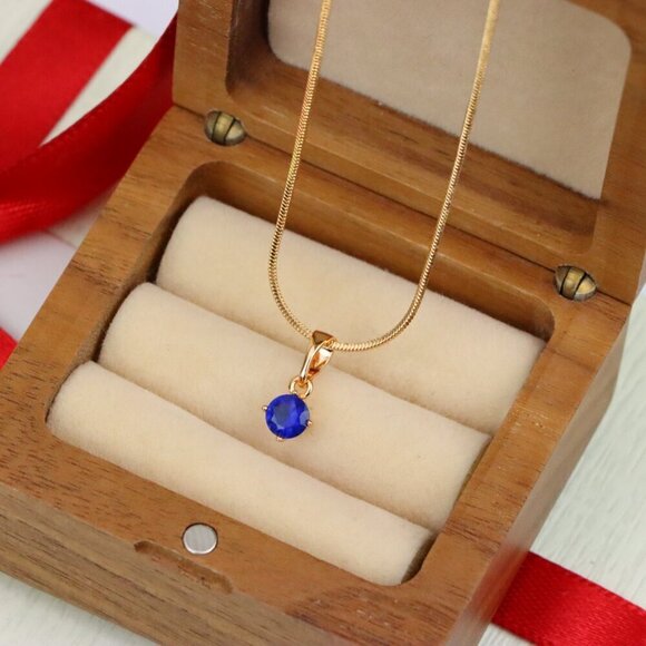 "Tiny Blue Stone Pendant in Gold Plated Brass – Elegant Minimal Detail, XPPT1762 - Picture 7 of 14